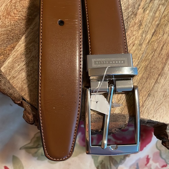 PERRY ELLIS Size W 32-38” Bonded Leather Belt Square Bright Silver Brown $49 NEW - Picture 2 of 13